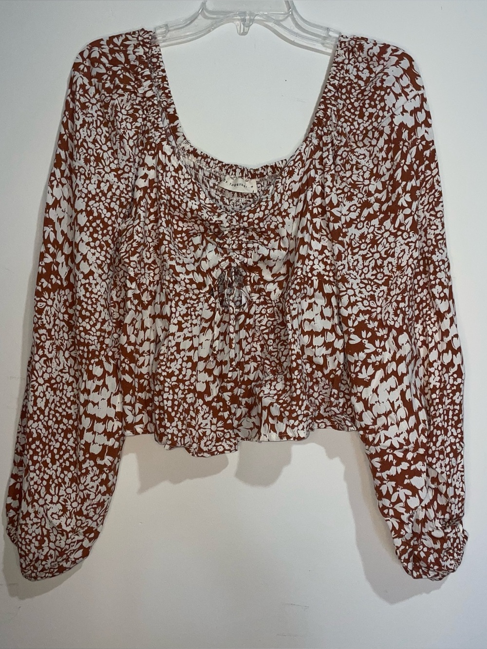 By Together Red Long Sleeve Floral Elastic Tie Front Crop Top M NWT Boho